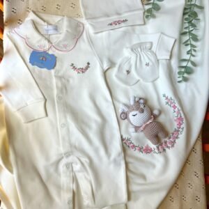Baby set – rose embroidery – pink